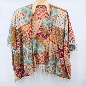 Reba Patchwork Kimono Cardigan Boho Tassel Fringe Orange Teal‎ Women's L/XL